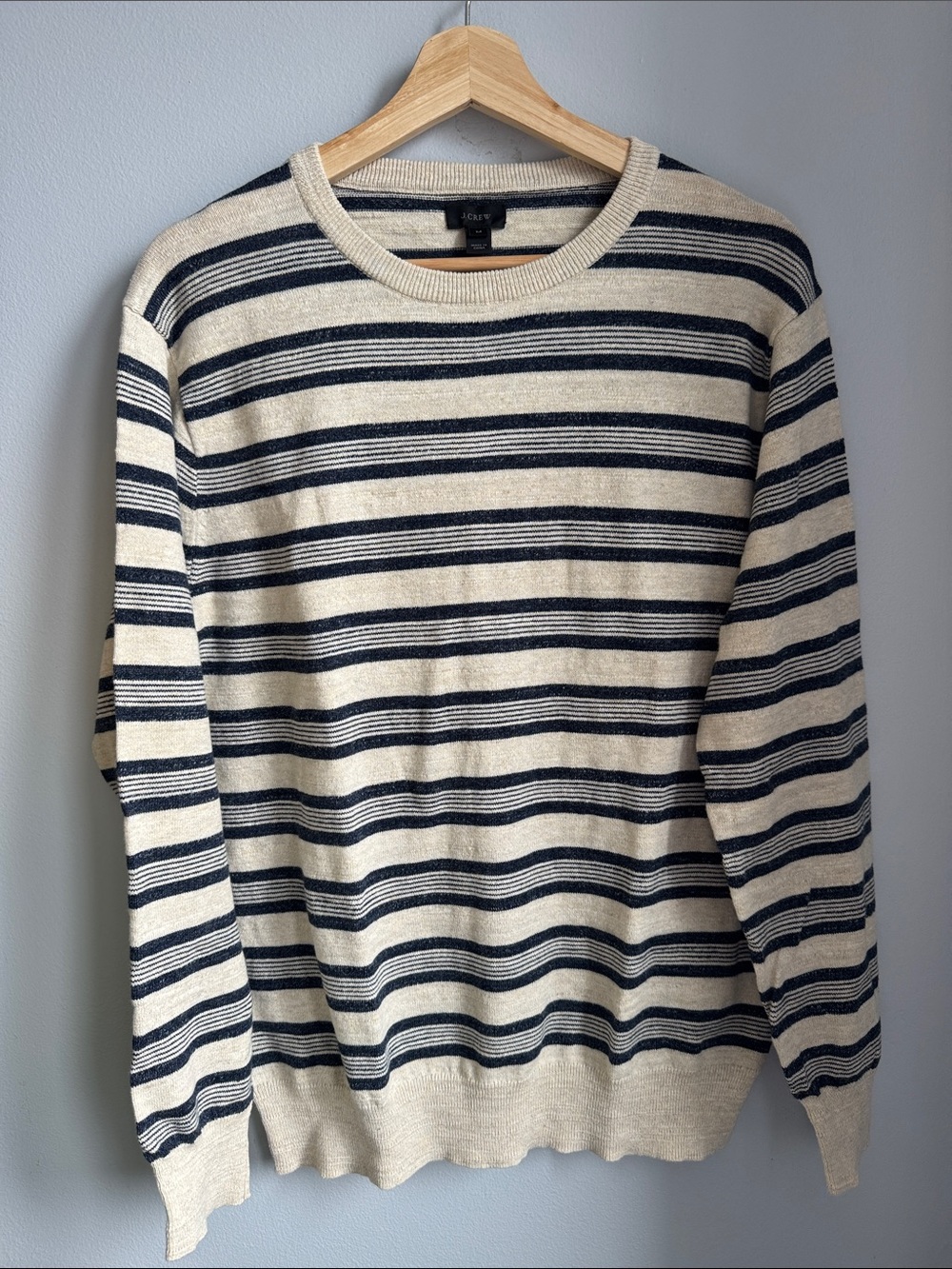 J. Crew Men’s Cream and Navy Striped Crewneck Sweater - Lightweight Knit